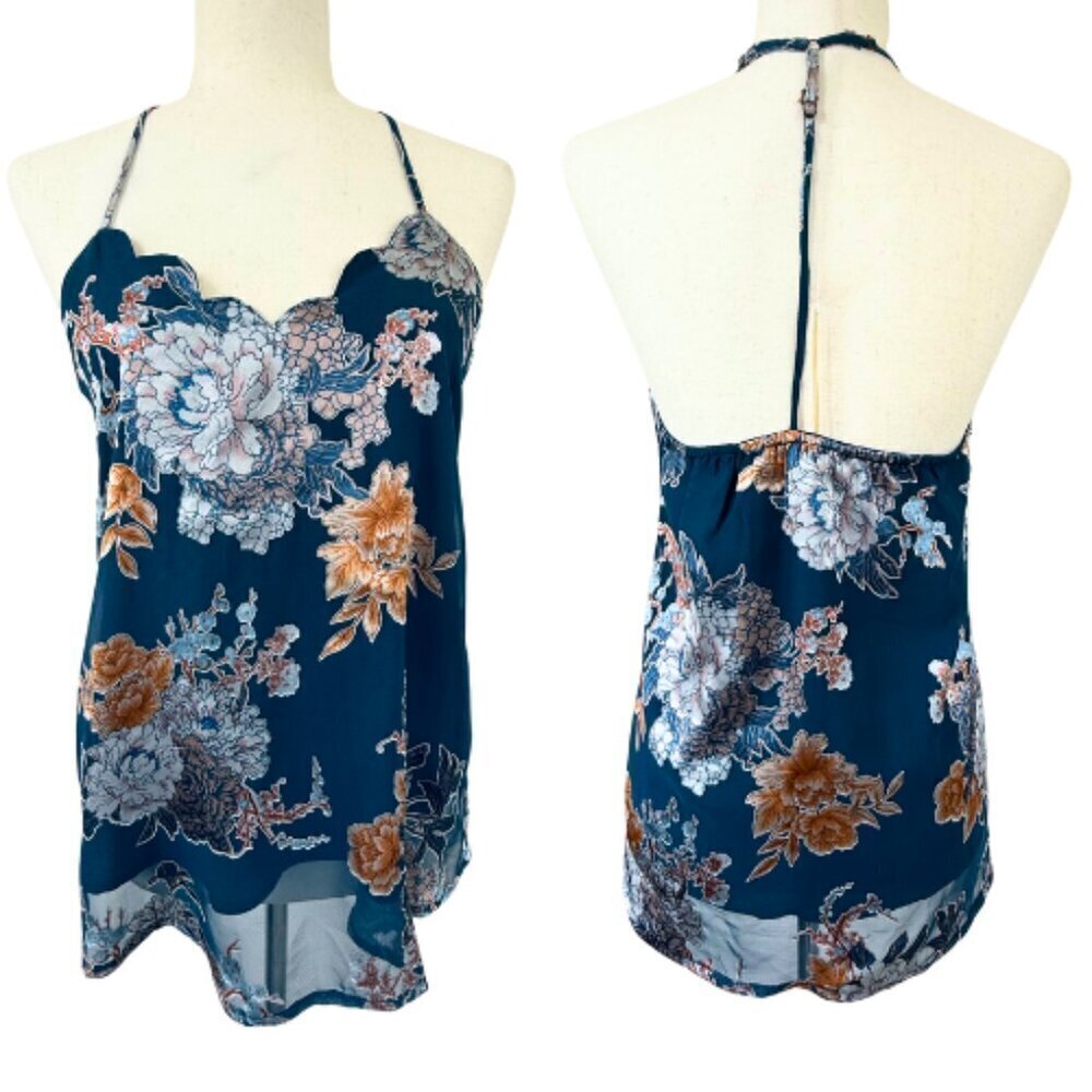 NINE BRITTON Floral Velvet Burnout Blue Cami Tank Size S